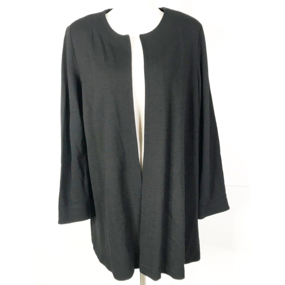 Eileen Fisher Open Front Blazer Jacket Womens Large Black Wool Blend Long Sleeve